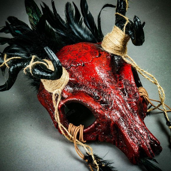 Dark Red Antelope Devil Deer Horn Skull Masquerade - Picture 7 of 10